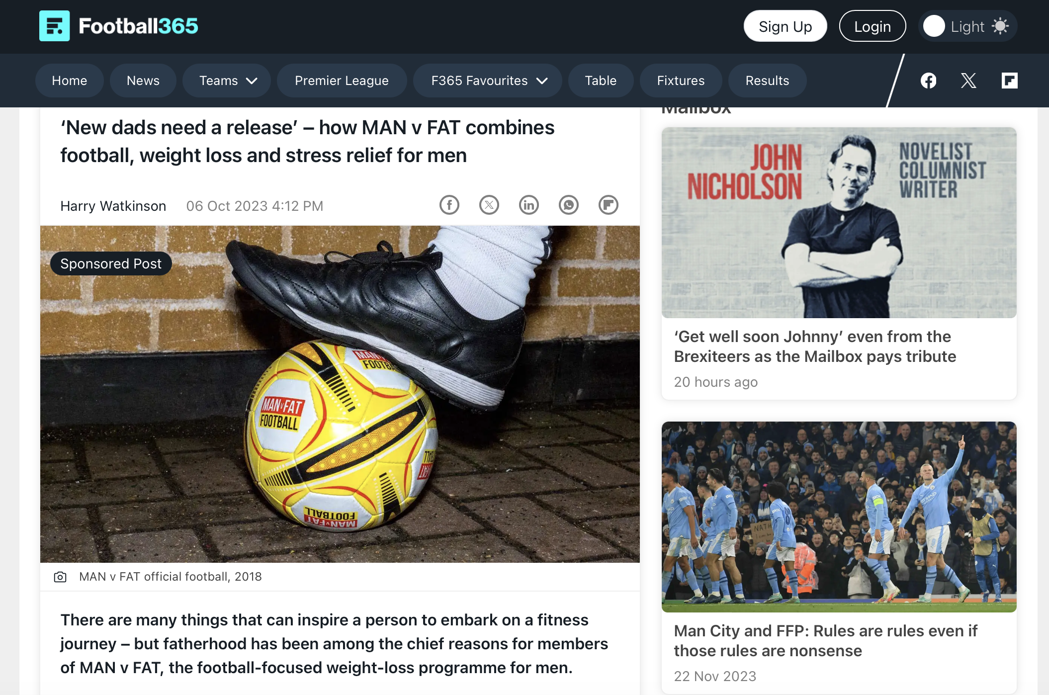 Screenshot of a MAN v FAT article on Football365.com
