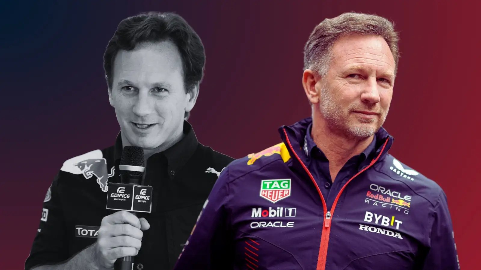 Red Bull boss Christian Horner 'then vs now' image.
